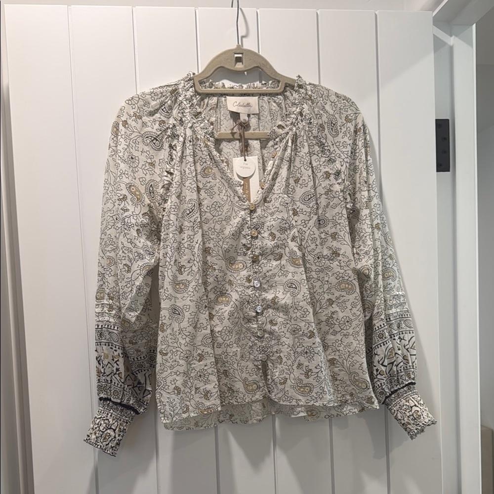 Cleobella Gray and White Graphic Blouse with Mandarin Collar